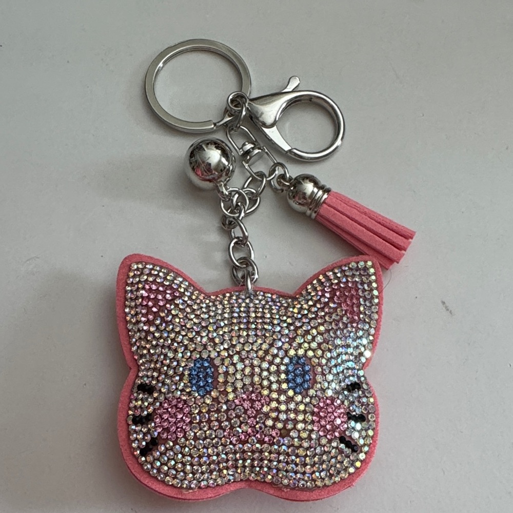 Pink Rhinestone Cat Keychain